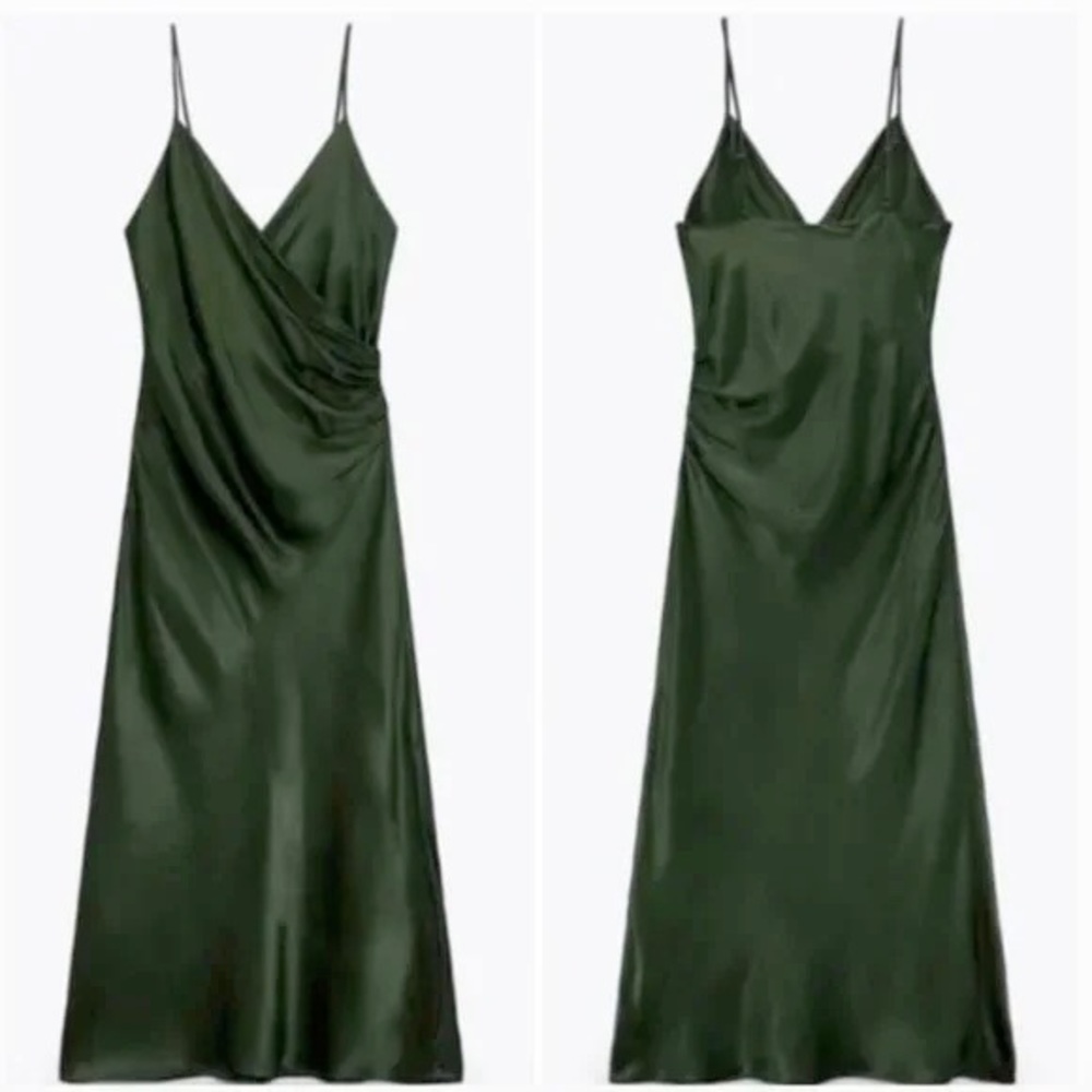 Zara Green Satin Effect Slip Draped Lingerie Style Dress Size S Small
